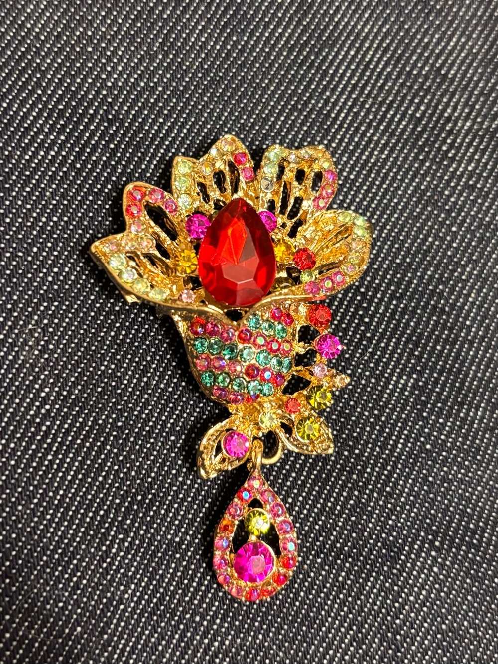 Aratta Gold-Tone Floral Brooch with pink Teardrop and Multicolor Crystals